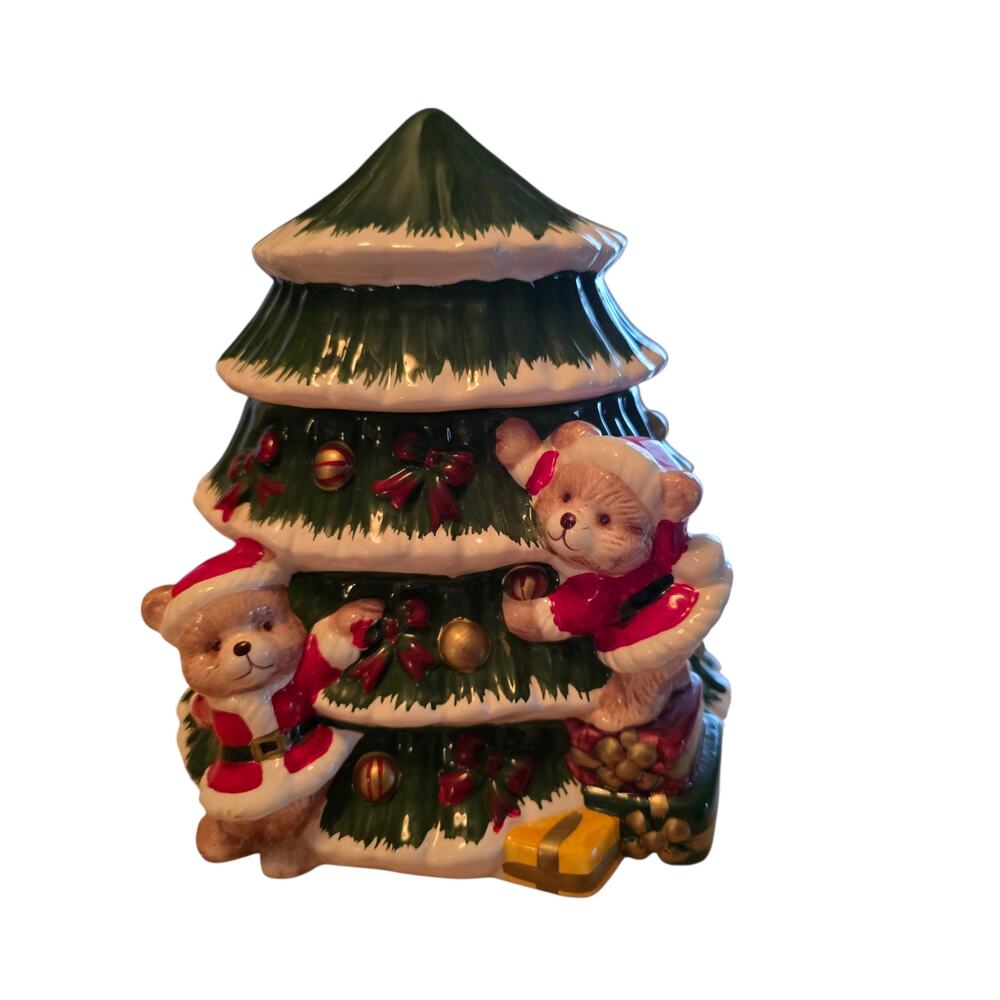 Vintage World Bazaar Christmas Tree Cookie Jar With Bears